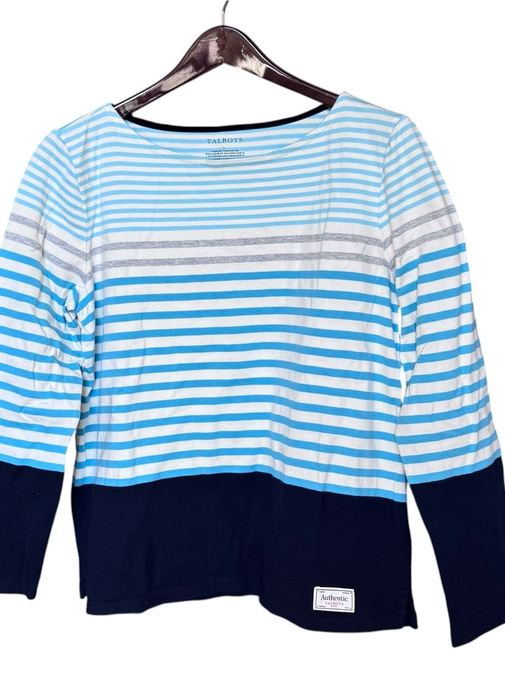 TALBOTS WOMEN'S WHITE BLUE STRIPED 3/4 SLEEVE COTTON TOP LARGE